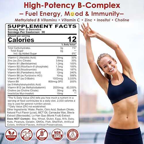 Methylated Vitamin B Complex Gummies, Methyl B12 & Folate with B1, B2, B3, B5, Biotin | Vitamin C, Zinc, Choline & Inositol – B Complex Supplement for Energy, Mood, Immune & Hair Skin Health,60 Cts - Image 2