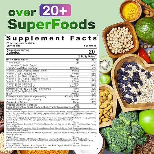Super Greens Multivitamin Gummies, Greens Superfood Gummies w/Spirulina, Chlorella, Multivitamins, Prebiotic Fiber, Adaptogens, Adults Vitamins for Gut Health, Immunity, Focus & Energy, 120Cts - Image 2