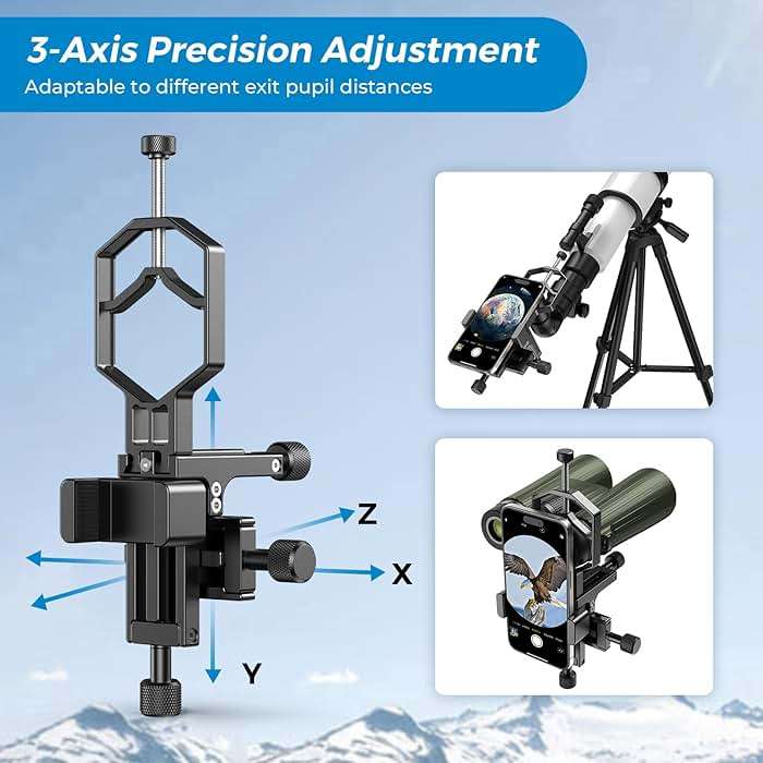 APEXEL CNC Aluminum 3-Axis Telescope Phone Adapter, XYZ-Axis High-Precision Photo Adapter Fits All Smartphone, Phone Mount for Binocular, Monocular, Microscope, Spotting Scope. (with Shutter Remote) - Image 2