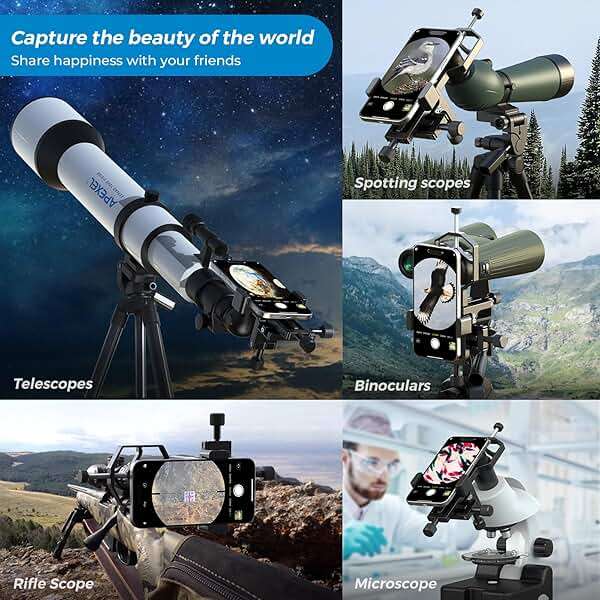 APEXEL CNC Aluminum 3-Axis Telescope Phone Adapter, XYZ-Axis High-Precision Photo Adapter Fits All Smartphone, Phone Mount for Binocular, Monocular, Microscope, Spotting Scope. (with Shutter Remote) - Image 7