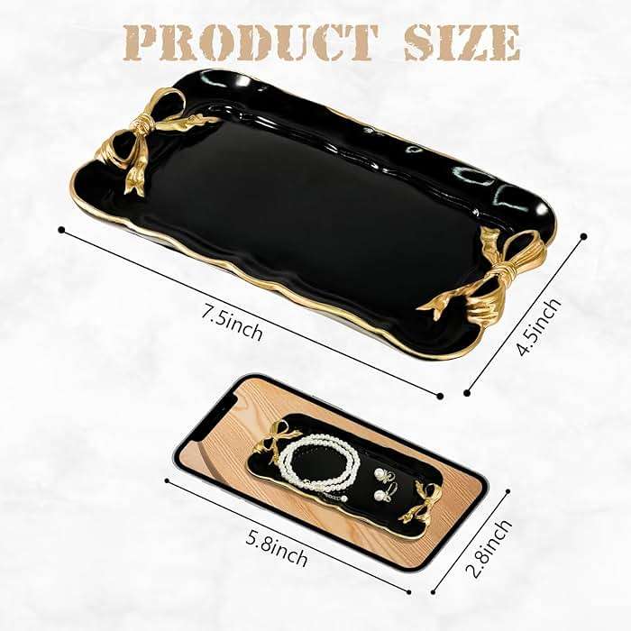 Vintage Decorative Tray Jewelry Tray Towel Tray Storage Tray Rings Necklace Bracelets Earrings Trays Cosmetics Jewelry Organizer Retro Design Bow Decor Resin Plate Coquette Room Decor (Black) - Image 3
