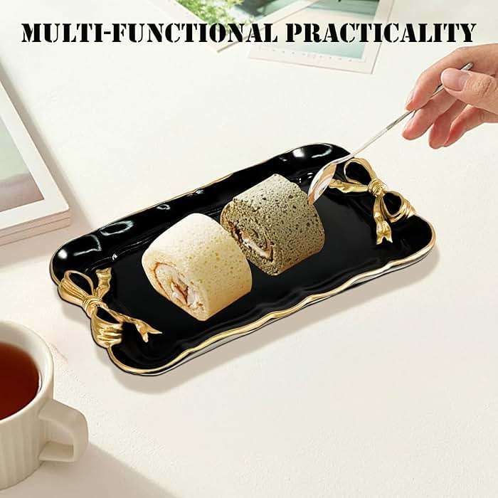 Vintage Decorative Tray Jewelry Tray Towel Tray Storage Tray Rings Necklace Bracelets Earrings Trays Cosmetics Jewelry Organizer Retro Design Bow Decor Resin Plate Coquette Room Decor (Black) - Image 5