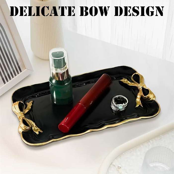 Vintage Decorative Tray Jewelry Tray Towel Tray Storage Tray Rings Necklace Bracelets Earrings Trays Cosmetics Jewelry Organizer Retro Design Bow Decor Resin Plate Coquette Room Decor (Black) - Image 7