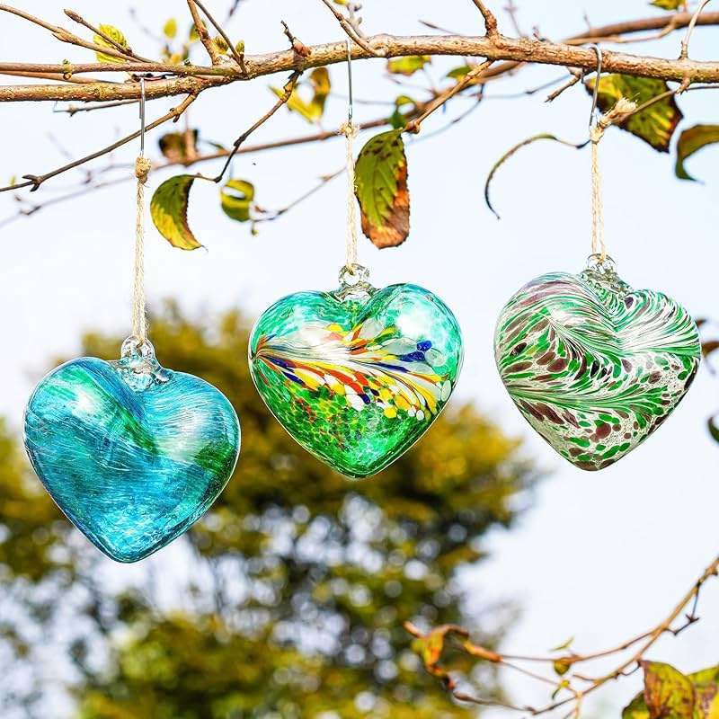 Set of 3 Green Blown Glass Heart Ornaments 4 Inch Hanging Decor for Outdoor Unique Home Garden Patio Decoration for Mom Wife - Image 8