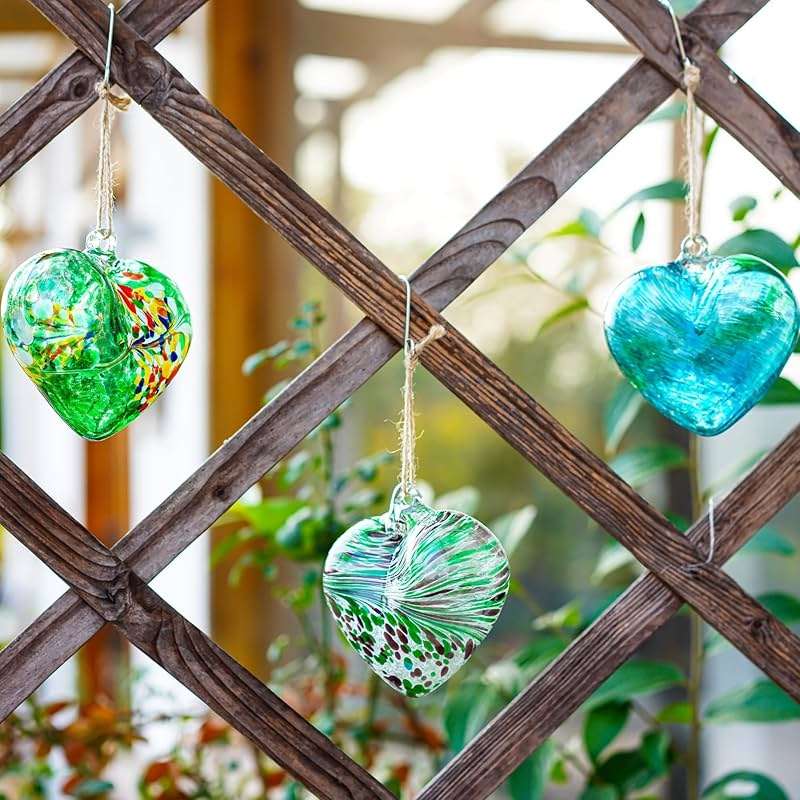 Set of 3 Green Blown Glass Heart Ornaments 4 Inch Hanging Decor for Outdoor Unique Home Garden Patio Decoration for Mom Wife - Image 9
