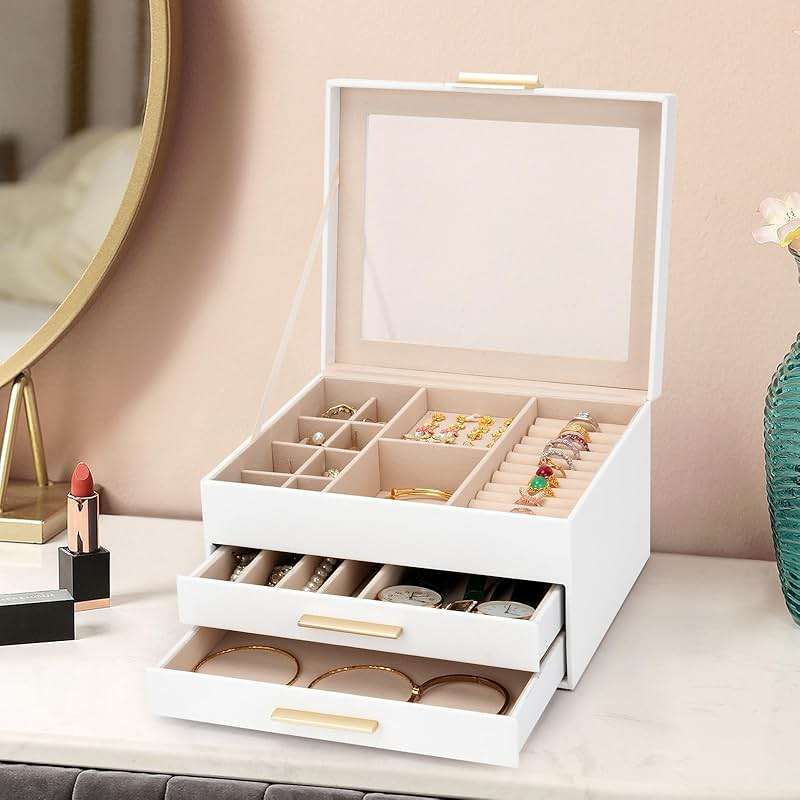 JBAOWEI Jewelry Box for Women, 3-Layer Jewelry Box, Jewelry Organizer with Clear Glass Lid and Drawers, Jewelry Organizers and Storage for Necklaces, Rings, Earrings, Bracelets(White) - Image 2
