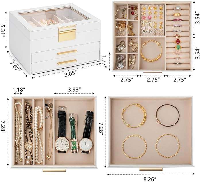 JBAOWEI Jewelry Box for Women, 3-Layer Jewelry Box, Jewelry Organizer with Clear Glass Lid and Drawers, Jewelry Organizers and Storage for Necklaces, Rings, Earrings, Bracelets(White) - Image 3