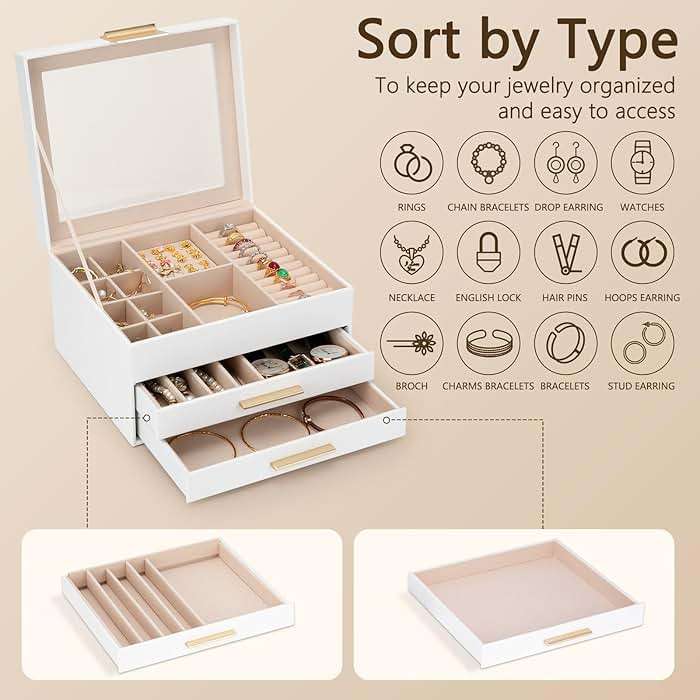 JBAOWEI Jewelry Box for Women, 3-Layer Jewelry Box, Jewelry Organizer with Clear Glass Lid and Drawers, Jewelry Organizers and Storage for Necklaces, Rings, Earrings, Bracelets(White) - Image 4