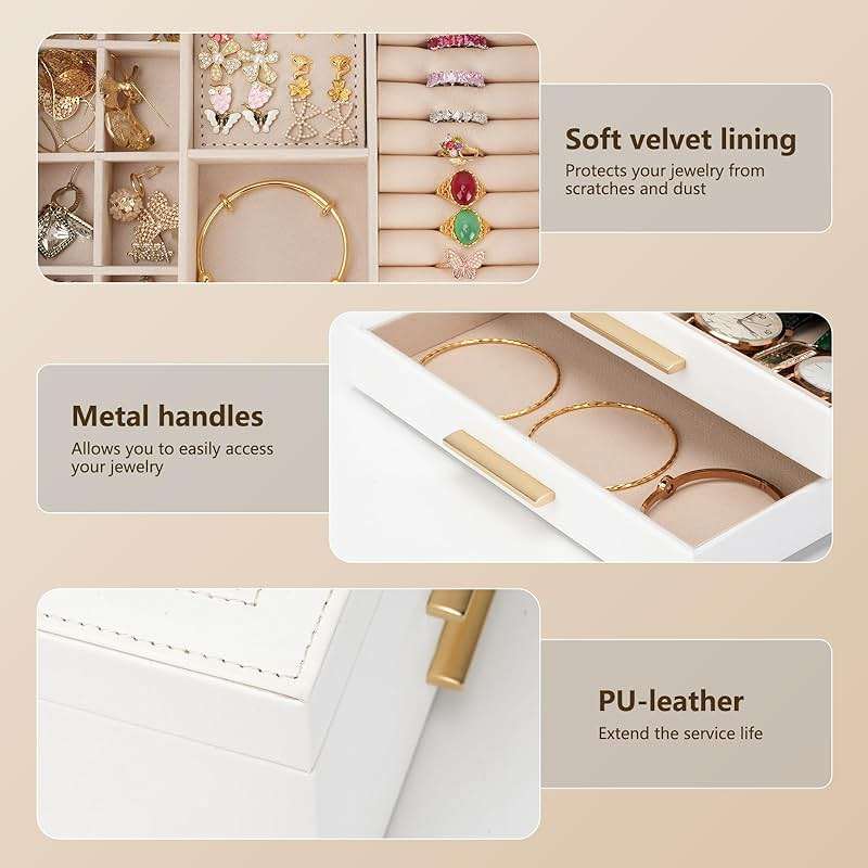 JBAOWEI Jewelry Box for Women, 3-Layer Jewelry Box, Jewelry Organizer with Clear Glass Lid and Drawers, Jewelry Organizers and Storage for Necklaces, Rings, Earrings, Bracelets(White) - Image 5