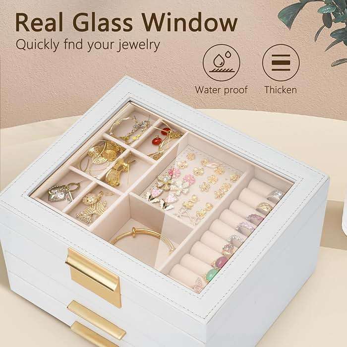 JBAOWEI Jewelry Box for Women, 3-Layer Jewelry Box, Jewelry Organizer with Clear Glass Lid and Drawers, Jewelry Organizers and Storage for Necklaces, Rings, Earrings, Bracelets(White) - Image 6