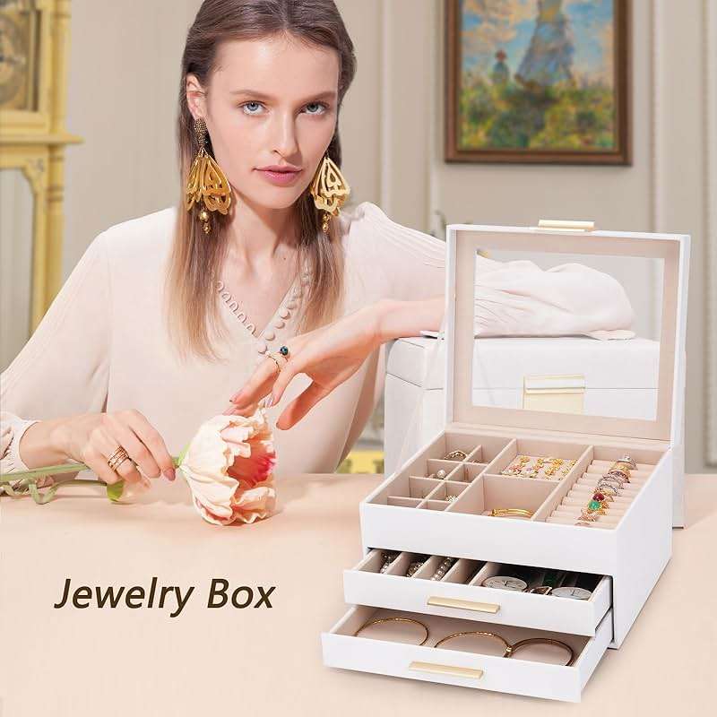 JBAOWEI Jewelry Box for Women, 3-Layer Jewelry Box, Jewelry Organizer with Clear Glass Lid and Drawers, Jewelry Organizers and Storage for Necklaces, Rings, Earrings, Bracelets(White) - Image 7