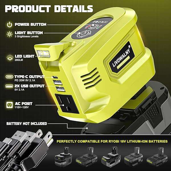 LIVOWALNY 200W Power Inverter Compatible with Ryobi 18V Battery, DC 18V to AC 110-120V Power Station with 1 AC Outlet, 2 USB, 1 Type-C & LED Light, for Camping Power Outage (No Battery) - Image 2