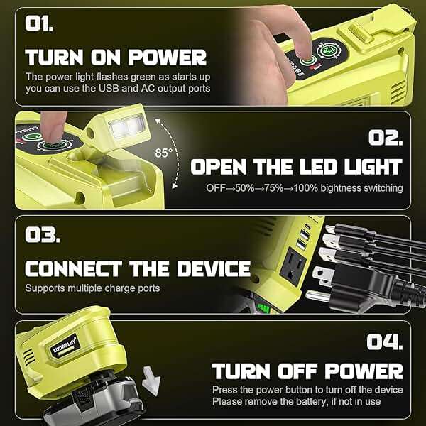LIVOWALNY 200W Power Inverter Compatible with Ryobi 18V Battery, DC 18V to AC 110-120V Power Station with 1 AC Outlet, 2 USB, 1 Type-C & LED Light, for Camping Power Outage (No Battery) - Image 5