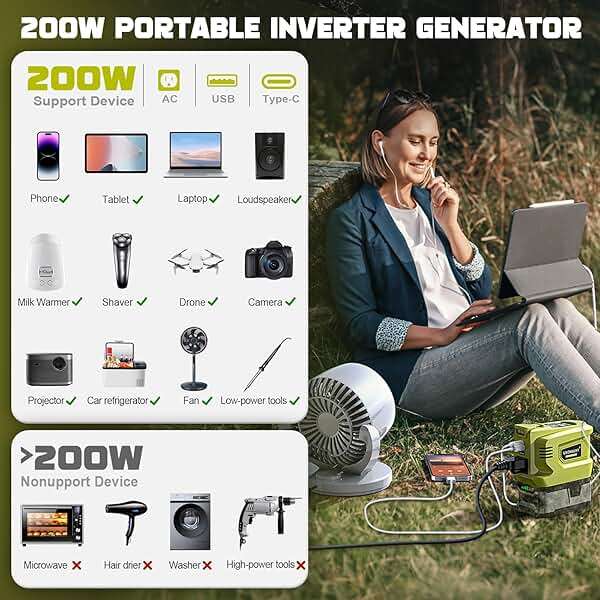 LIVOWALNY 200W Power Inverter Compatible with Ryobi 18V Battery, DC 18V to AC 110-120V Power Station with 1 AC Outlet, 2 USB, 1 Type-C & LED Light, for Camping Power Outage (No Battery) - Image 6