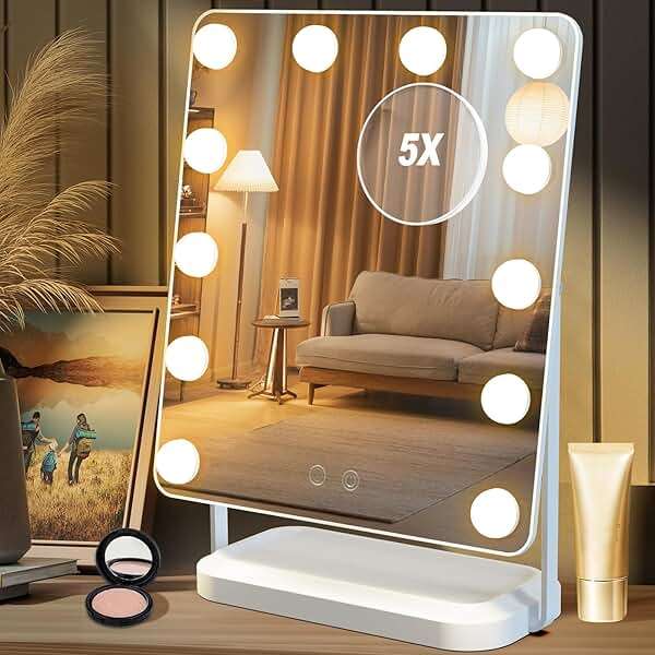 BanBers Hollywood Vanity Mirrors with Lights 13" x 15" Lighted Makeup Mirror 12 LED Bulbs, Touch Control Led Mirror 3 Colors Light, 360 Degree Rotation Facial Mirror for Bedroom,Tabletop - Image 1