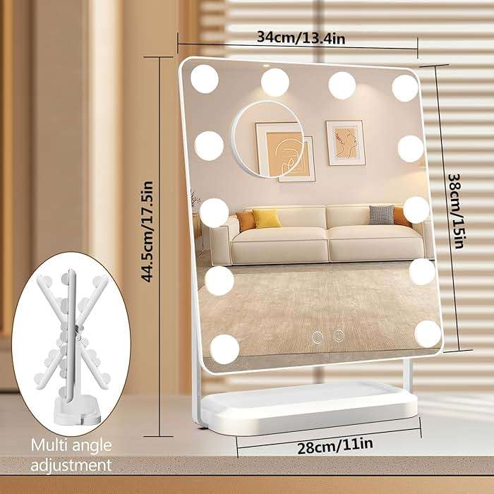 BanBers Hollywood Vanity Mirrors with Lights 13" x 15" Lighted Makeup Mirror 12 LED Bulbs, Touch Control Led Mirror 3 Colors Light, 360 Degree Rotation Facial Mirror for Bedroom,Tabletop - Image 2