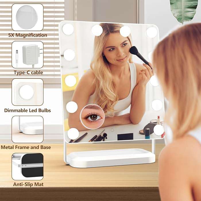 BanBers Hollywood Vanity Mirrors with Lights 13" x 15" Lighted Makeup Mirror 12 LED Bulbs, Touch Control Led Mirror 3 Colors Light, 360 Degree Rotation Facial Mirror for Bedroom,Tabletop - Image 3