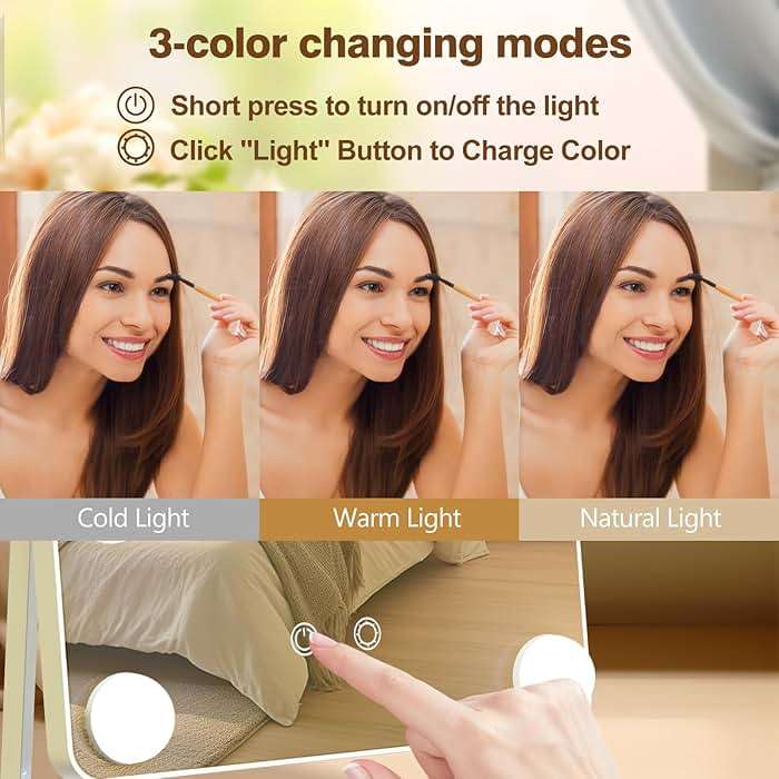 BanBers Hollywood Vanity Mirrors with Lights 13" x 15" Lighted Makeup Mirror 12 LED Bulbs, Touch Control Led Mirror 3 Colors Light, 360 Degree Rotation Facial Mirror for Bedroom,Tabletop - Image 4