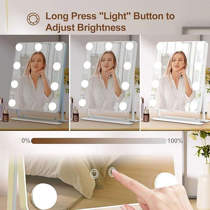 BanBers Hollywood Vanity Mirrors with Lights 13" x 15" Lighted Makeup Mirror 12 LED Bulbs, Touch Control Led Mirror 3 Colors Light, 360 Degree Rotation Facial Mirror for Bedroom,Tabletop - Image 5