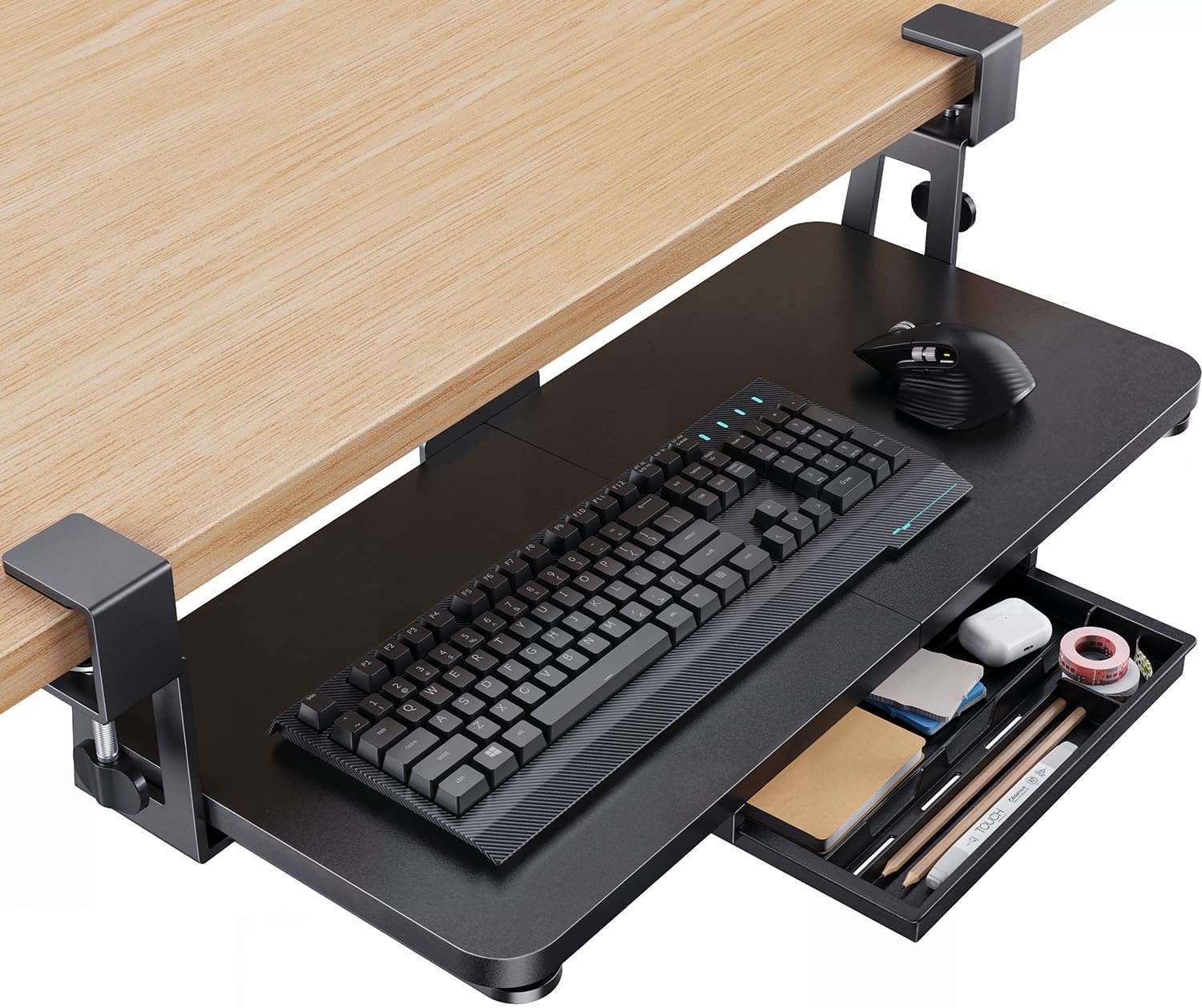 HUANUO Large Under Desk Keyboard Tray with Sturdy C-Clamp Mount, 26 (30.16" Including Clamps) x 12 inch Slide-Out Platform Computer Desk Heavy Duty Keyboard Tray with Storage Drawer for Typing, Black - Image 1