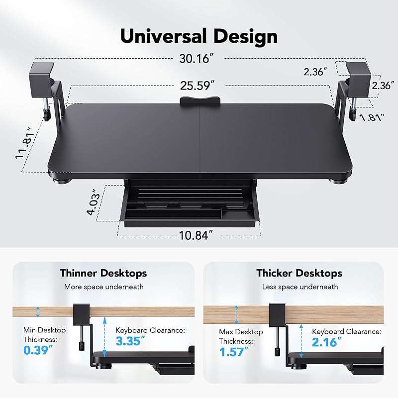 HUANUO Large Under Desk Keyboard Tray with Sturdy C-Clamp Mount, 26 (30.16" Including Clamps) x 12 inch Slide-Out Platform Computer Desk Heavy Duty Keyboard Tray with Storage Drawer for Typing, Black - Image 2