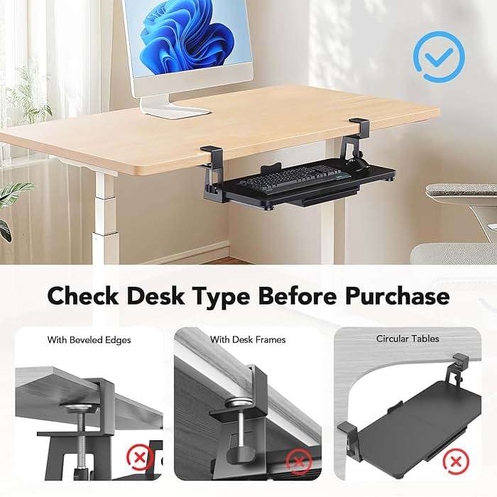 HUANUO Large Under Desk Keyboard Tray with Sturdy C-Clamp Mount, 26 (30.16" Including Clamps) x 12 inch Slide-Out Platform Computer Desk Heavy Duty Keyboard Tray with Storage Drawer for Typing, Black - Image 4
