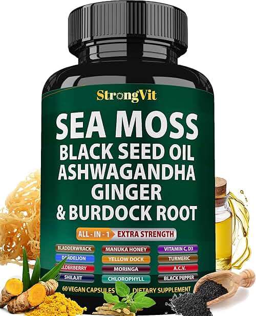 StrongVit Sea Moss Black Seed Oil Ashwagandha Ginger, Organic Sea Moss Capsules with Burdock Root, Irish Seamoss Pills with Bladderwrack, Advanced Multimineral Supplement, USA - Image 1