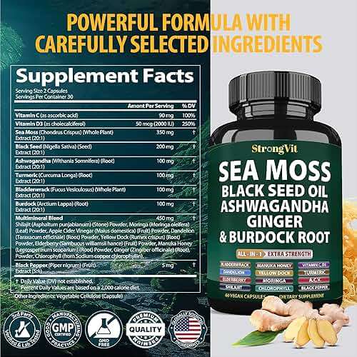 StrongVit Sea Moss Black Seed Oil Ashwagandha Ginger, Organic Sea Moss Capsules with Burdock Root, Irish Seamoss Pills with Bladderwrack, Advanced Multimineral Supplement, USA - Image 2