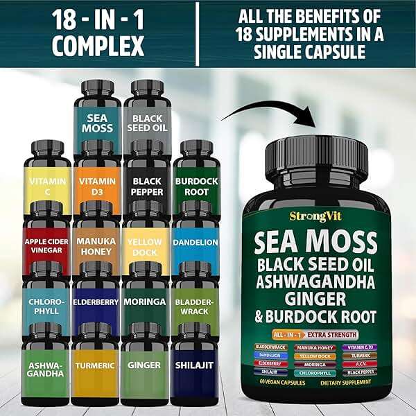 StrongVit Sea Moss Black Seed Oil Ashwagandha Ginger, Organic Sea Moss Capsules with Burdock Root, Irish Seamoss Pills with Bladderwrack, Advanced Multimineral Supplement, USA - Image 3