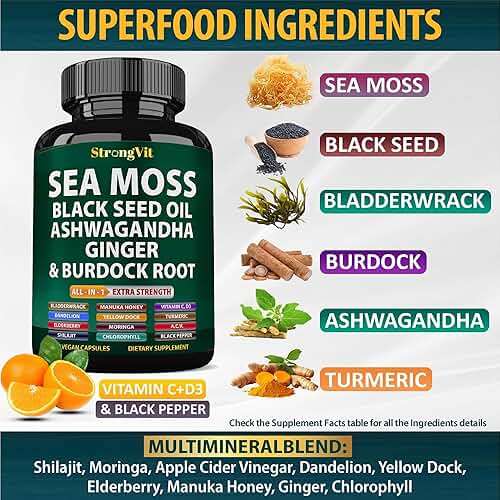 StrongVit Sea Moss Black Seed Oil Ashwagandha Ginger, Organic Sea Moss Capsules with Burdock Root, Irish Seamoss Pills with Bladderwrack, Advanced Multimineral Supplement, USA - Image 4