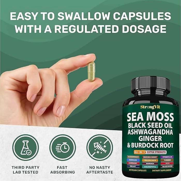 StrongVit Sea Moss Black Seed Oil Ashwagandha Ginger, Organic Sea Moss Capsules with Burdock Root, Irish Seamoss Pills with Bladderwrack, Advanced Multimineral Supplement, USA - Image 8