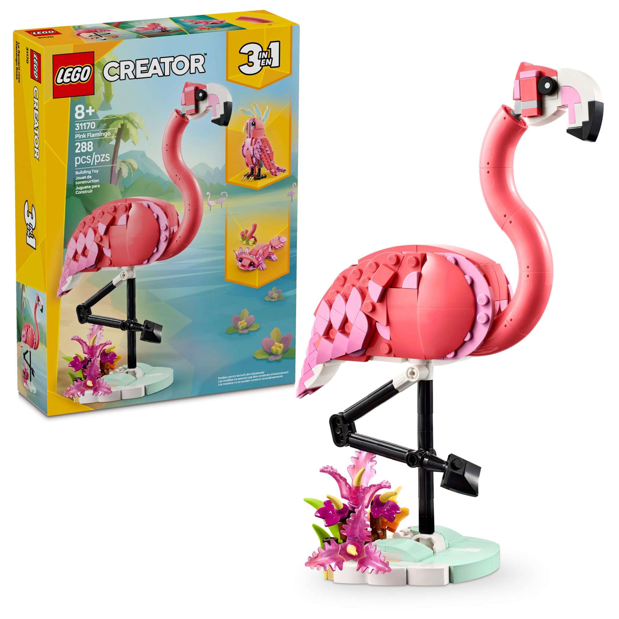 LEGO Creator 3 in 1 Wild Animals: Pink Flamingo Animal Building Toy - Playset with 3 Build Options, Pink Flamingo, Cockatoo, or Axolotl - Learning Toy for Kids, Ages 8+ - 31170 - Image 1