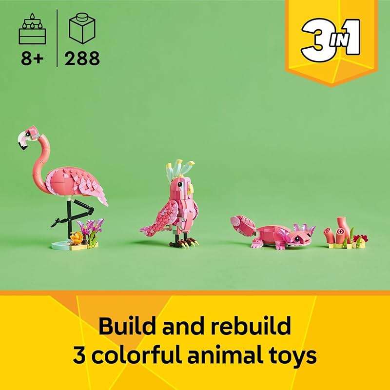 LEGO Creator 3 in 1 Wild Animals: Pink Flamingo Animal Building Toy - Playset with 3 Build Options, Pink Flamingo, Cockatoo, or Axolotl - Learning Toy for Kids, Ages 8+ - 31170 - Image 3
