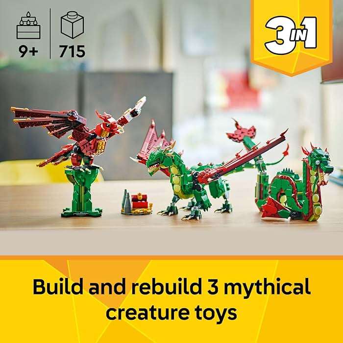 LEGO Creator 3 in 1 Medieval Dragon Toy - Building Toy with 3 Build Options, Dragon, Sea Serpent, or Phoenix - Fantasy Set for Kids, Boys and Girls, Ages 9+ - Gift Idea for Birthdays - 31161 - Image 2