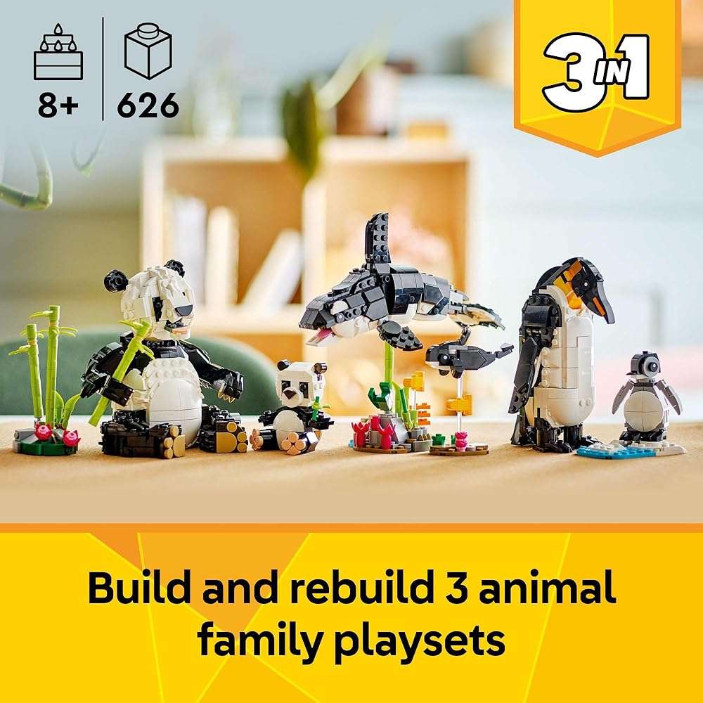 LEGO Creator 3 in 1 Wild Animals Panda Family - Building Toy Kit for Kids with 3 Building Options, Panda, Penguin, or Orca - 8 Year Old Girl & Boy Birthday Gifts - 31165 - Image 2