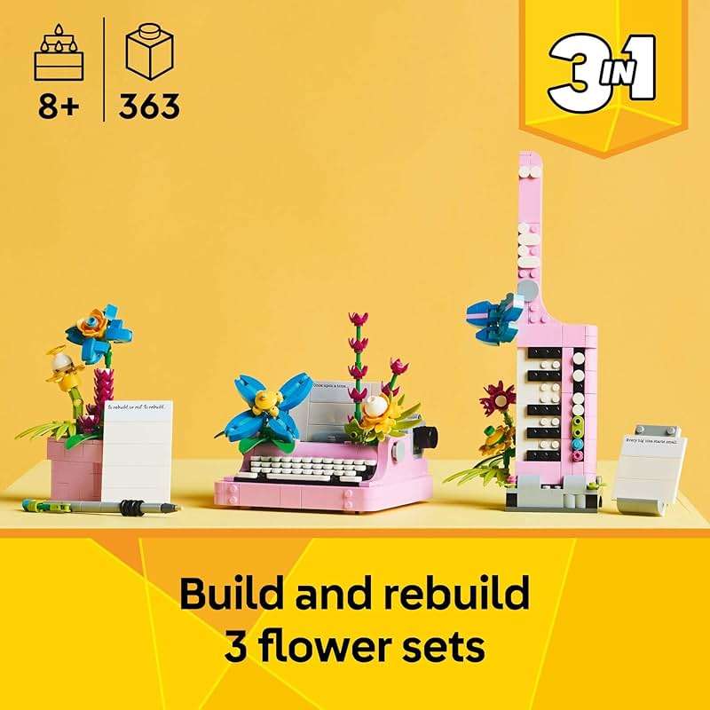 LEGO Creator 3 in 1 Typewriter with Flowers - Building Toy with 3 Building Options, Typewriter, Flowerpot with Pen & Notebook, or Keytar - Gift Idea for Birthdays - 31169 - Image 2
