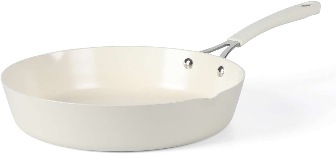 Martha Stewart Heathland 9.5 Inch Aluminum Cookware Non-Toxic Premium Ceramic Non Stick Frying Pan, Kitchen Egg Pan, Omelet, Pots and Pans, Linen White, Induction Safe - Image 1