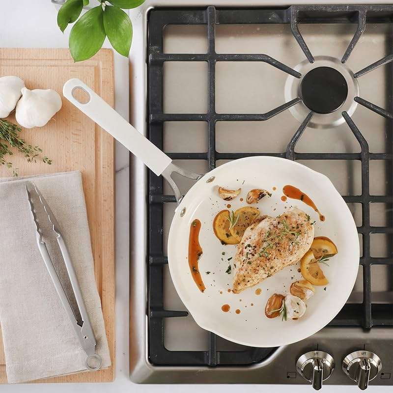 Martha Stewart Heathland 9.5 Inch Aluminum Cookware Non-Toxic Premium Ceramic Non Stick Frying Pan, Kitchen Egg Pan, Omelet, Pots and Pans, Linen White, Induction Safe - Image 2