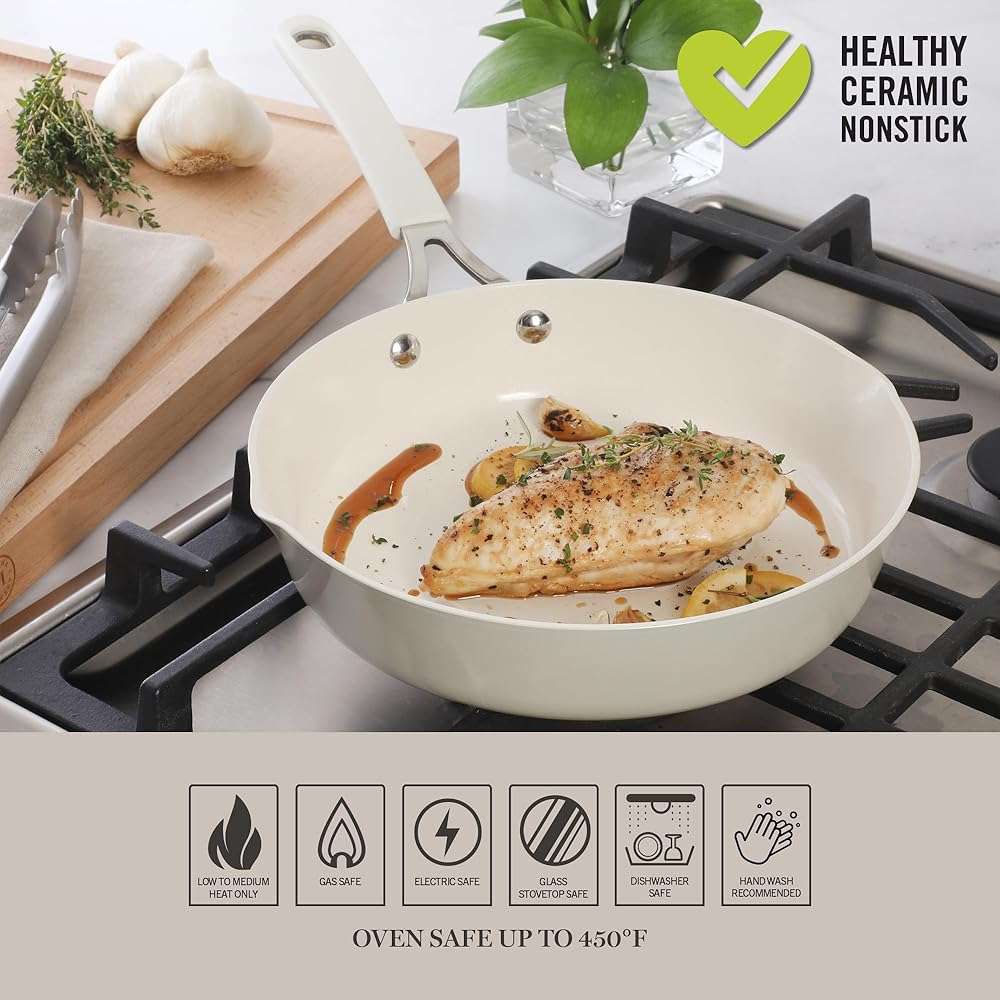 Martha Stewart Heathland 9.5 Inch Aluminum Cookware Non-Toxic Premium Ceramic Non Stick Frying Pan, Kitchen Egg Pan, Omelet, Pots and Pans, Linen White, Induction Safe - Image 7