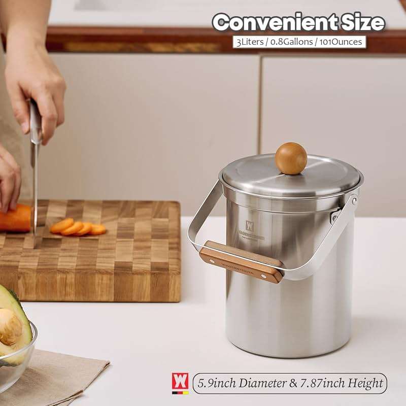 WAGENSTEIGER Kitchen Countertop Compost Bin 101ounces / 3Liters with Airtight Lid, SUS304 Stainless Steel Odor-Free Food Waste Bin with Wooden Handle Stylish Design/Bathroom Trash Can (Silver) - Image 2