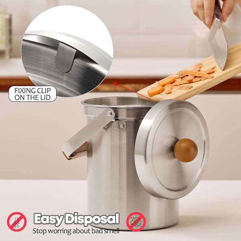 WAGENSTEIGER Kitchen Countertop Compost Bin 101ounces / 3Liters with Airtight Lid, SUS304 Stainless Steel Odor-Free Food Waste Bin with Wooden Handle Stylish Design/Bathroom Trash Can (Silver) - Image 3
