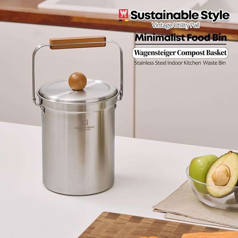 WAGENSTEIGER Kitchen Countertop Compost Bin 101ounces / 3Liters with Airtight Lid, SUS304 Stainless Steel Odor-Free Food Waste Bin with Wooden Handle Stylish Design/Bathroom Trash Can (Silver) - Image 4