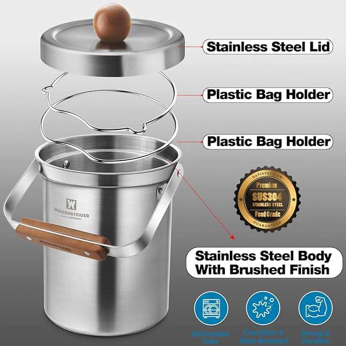 WAGENSTEIGER Kitchen Countertop Compost Bin 101ounces / 3Liters with Airtight Lid, SUS304 Stainless Steel Odor-Free Food Waste Bin with Wooden Handle Stylish Design/Bathroom Trash Can (Silver) - Image 5