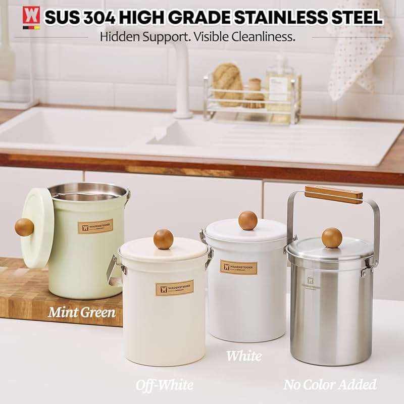WAGENSTEIGER Kitchen Countertop Compost Bin 101ounces / 3Liters with Airtight Lid, SUS304 Stainless Steel Odor-Free Food Waste Bin with Wooden Handle Stylish Design/Bathroom Trash Can (Silver) - Image 6