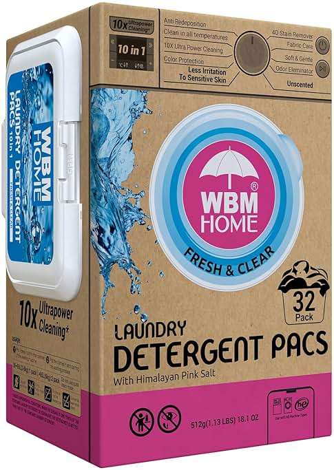 WBM Home Laundry Detergent Pods, 32 Count | Fresh & Clear Unscented | Laundry Pods 10x Ultrapower Cleaning With Color Protection and Eco-Friendly Packaging - Image 1