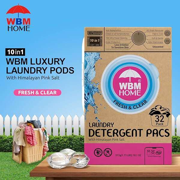 WBM Home Laundry Detergent Pods, 32 Count | Fresh & Clear Unscented | Laundry Pods 10x Ultrapower Cleaning With Color Protection and Eco-Friendly Packaging - Image 2