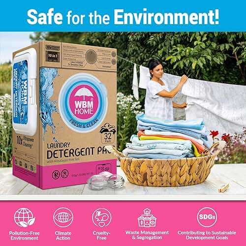 WBM Home Laundry Detergent Pods, 32 Count | Fresh & Clear Unscented | Laundry Pods 10x Ultrapower Cleaning With Color Protection and Eco-Friendly Packaging - Image 3