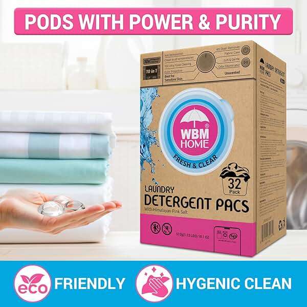 WBM Home Laundry Detergent Pods, 32 Count | Fresh & Clear Unscented | Laundry Pods 10x Ultrapower Cleaning With Color Protection and Eco-Friendly Packaging - Image 4