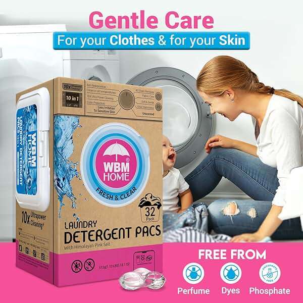WBM Home Laundry Detergent Pods, 32 Count | Fresh & Clear Unscented | Laundry Pods 10x Ultrapower Cleaning With Color Protection and Eco-Friendly Packaging - Image 5