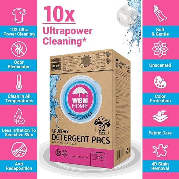 WBM Home Laundry Detergent Pods, 32 Count | Fresh & Clear Unscented | Laundry Pods 10x Ultrapower Cleaning With Color Protection and Eco-Friendly Packaging - Image 7